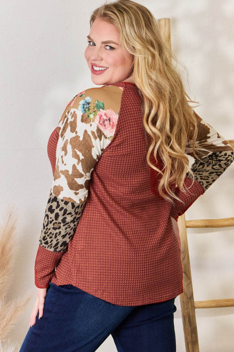 Hailey & Co Full Size Leopard Waffle-Knit Blouse - MimiStylez