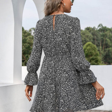 Decorative Button V-Neck Flounce Sleeve Dress - MimiStylez