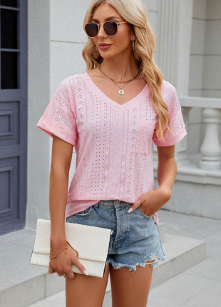 Eyelet V-Neck Short Sleeve T-Shirt - MimiStylez