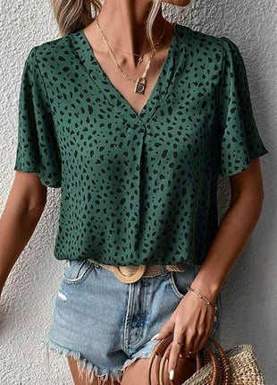 Animal Print V-Neck Flutter Sleeve Blouse - MimiStylez