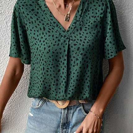 Animal Print V-Neck Flutter Sleeve Blouse - MimiStylez