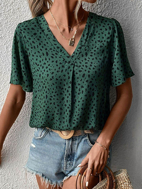 Animal Print V-Neck Flutter Sleeve Blouse - MimiStylez