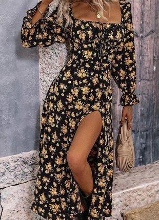 Square Neck Printed Slit Dress - MimiStylez