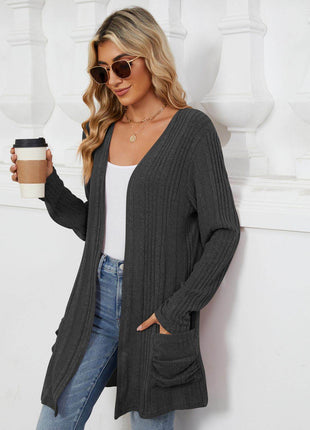 Pocketed Open Front Long Sleeve Cardigan - MimiStylez