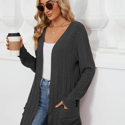 Pocketed Open Front Long Sleeve Cardigan - MimiStylez