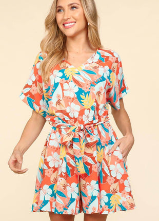 Haptics Tropical Floral Short Sleeve Tied Romper - MimiStylez