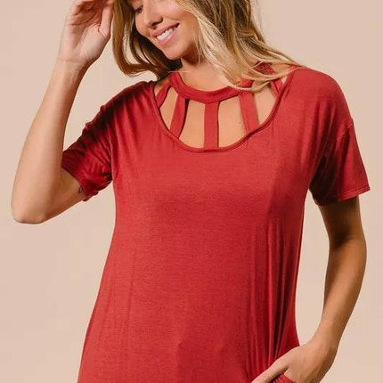BiBi Front Cutout Mini Tee Dress with Pockets - MimiStylez