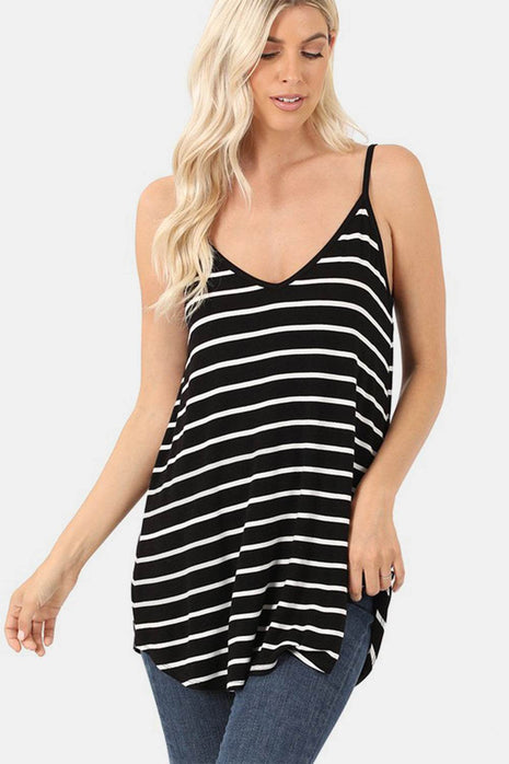 Zenana Striped V-Neck Curved Hem Cami - MimiStylez