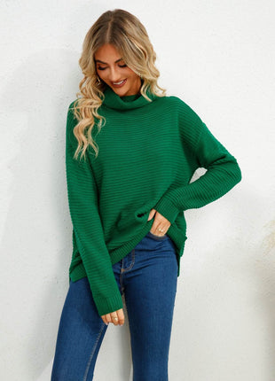 Slit Turtleneck Dropped Shoulder Sweater - MimiStylez