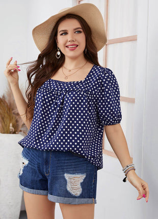 Plus Size Polka Dot Square Neck Blouse - MimiStylez
