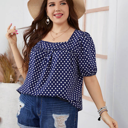 Plus Size Polka Dot Square Neck Blouse - MimiStylez
