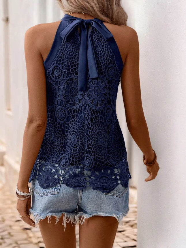Lace Grecian Neck Tie Back Top - MimiStylez