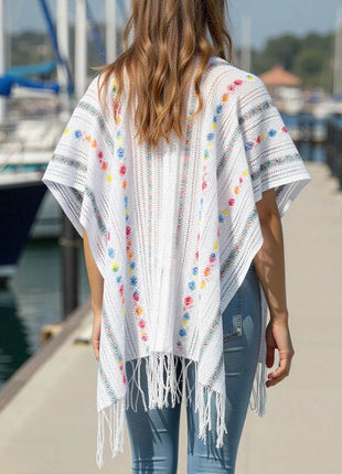 Openwork Fringe Open Front Knit Cape - MimiStylez