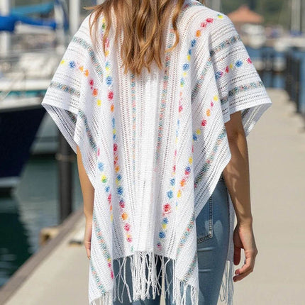 Openwork Fringe Open Front Knit Cape - MimiStylez