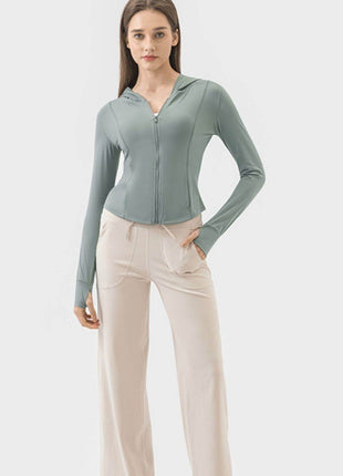 Pocketed Zip Up Hooded Long Sleeve Active Outerwear - MimiStylez