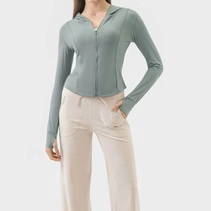 Pocketed Zip Up Hooded Long Sleeve Active Outerwear - MimiStylez