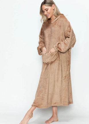 Double Take Full Size Pocketed Hooded Midi Lounge Dress - MimiStylez