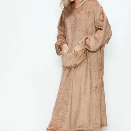 Double Take Full Size Pocketed Hooded Midi Lounge Dress - MimiStylez