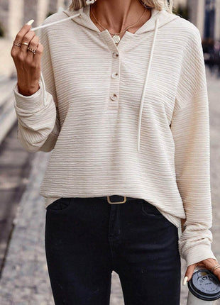 Drawstring Half Button Dropped Shoulder Hoodie - MimiStylez