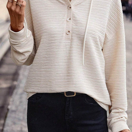 Drawstring Half Button Dropped Shoulder Hoodie - MimiStylez