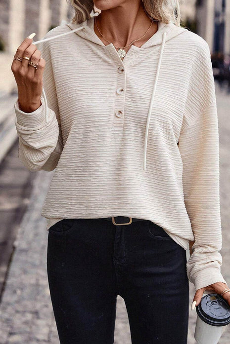 Drawstring Half Button Dropped Shoulder Hoodie - MimiStylez