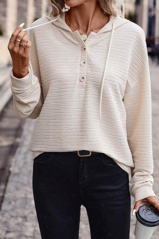 Drawstring Half Button Dropped Shoulder Hoodie - MimiStylez
