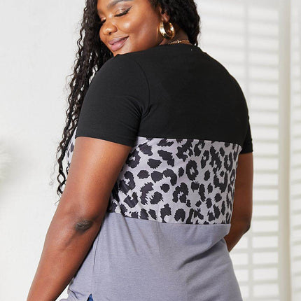 Double Take Leopard Print Color Block Short Sleeve T-Shirt - MimiStylez