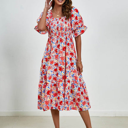 Smocked Floral Square Neck Short Sleeve Dress - MimiStylez