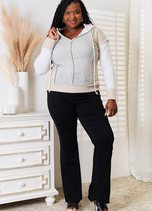 Double Take Color Block Exposed Seam Drawstring Hoodie - MimiStylez