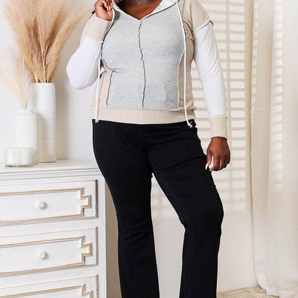Double Take Color Block Exposed Seam Drawstring Hoodie - MimiStylez