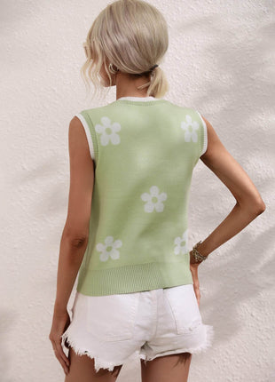 Floral Contrast Ribbed Trim Sweater Vest - MimiStylez