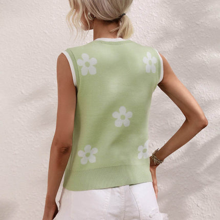Floral Contrast Ribbed Trim Sweater Vest - MimiStylez