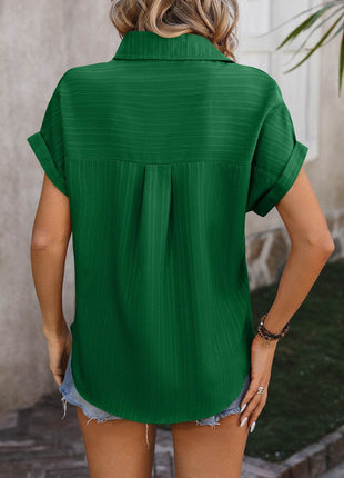 Textured Button Up Cap Sleeve Shirt - MimiStylez