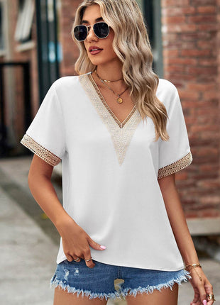 Openwork V-Neck Short Sleeve T-Shirt - MimiStylez