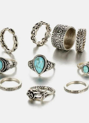 Artificial Turquoise Alloy Ring 10-Piece Set - MimiStylez