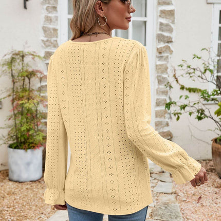 Eyelet Lace Trim Flounce Sleeve Blouse - MimiStylez