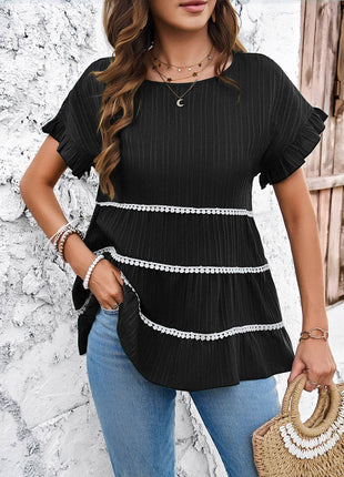 Round Neck Flounce Sleeve Blouse - MimiStylez