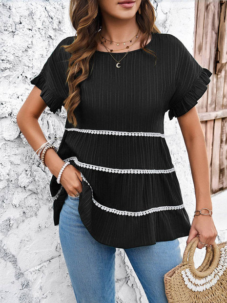 Round Neck Flounce Sleeve Blouse - MimiStylez