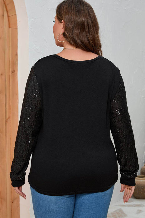 Plus Size Sequin Round Neck Long Sleeve Top - MimiStylez