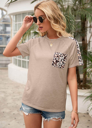Pocketed Leopard Round Neck Short Sleeve T-Shirt - MimiStylez
