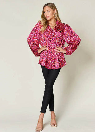 Double Take Full Size Printed Long Sleeve Blouse - MimiStylez