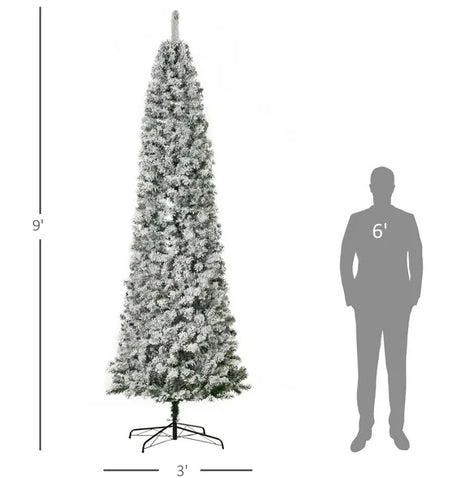 9FT Pre-Lit Snow-Flocked Slim Douglas Fir Christmas Tree With Realistic Branches, 550 LED Lights And 988 Tips
