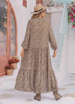 Floral Button Up V-Neck Tiered Dress - MimiStylez