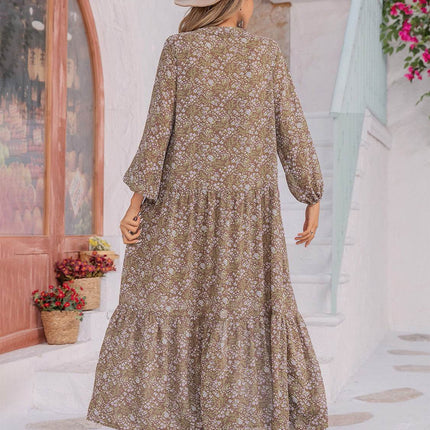 Floral Button Up V-Neck Tiered Dress - MimiStylez