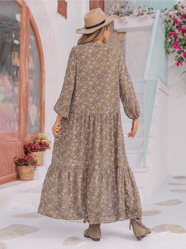 Floral Button Up V-Neck Tiered Dress - MimiStylez