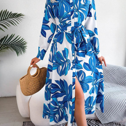 Tied Button Up Long Sleeve Dress - MimiStylez