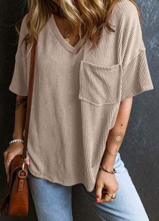 Textured V-Neck Dropped Shoulder T-Shirt - MimiStylez