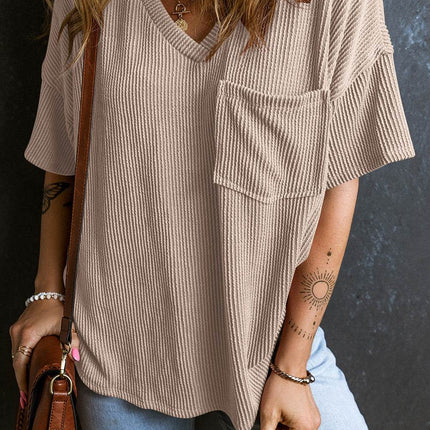 Textured V-Neck Dropped Shoulder T-Shirt - MimiStylez