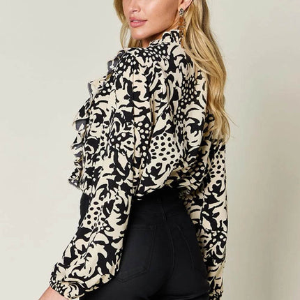 Double Take Full Size Printed Ruffle Trim Balloon Sleeve Shirt - MimiStylez