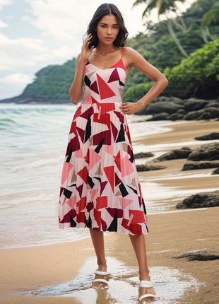 Pleated Geometric Spaghetti Strap Dress - MimiStylez